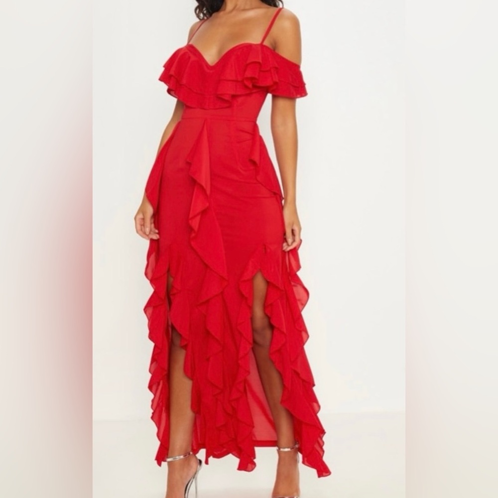 PrettyLittle Things NEW “Hot Mama" Red Ruffled Maxi Dress